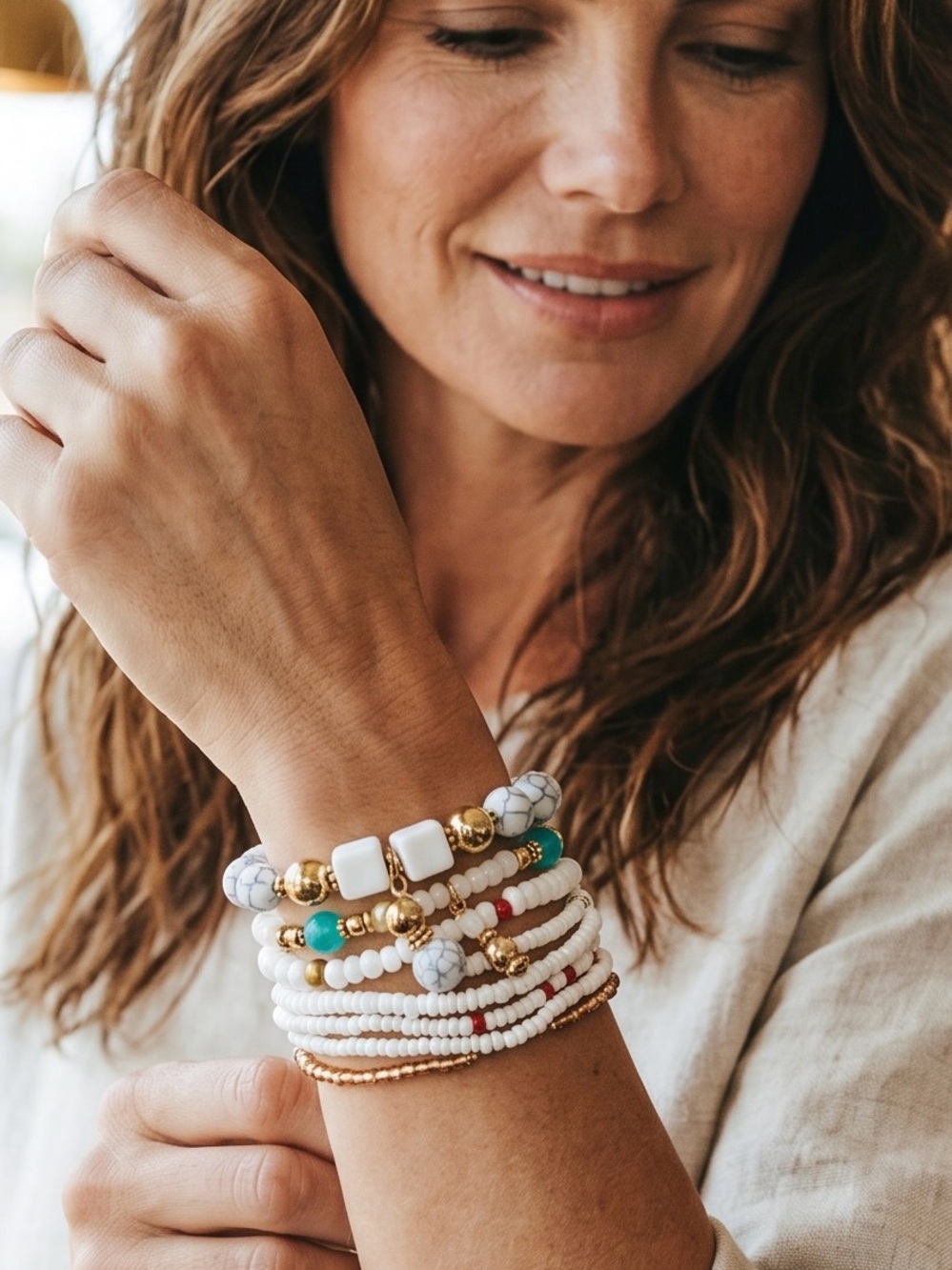 ♥️8-PC Boho White Beaded Multi-Strand Bracelet Set/NIP♥️